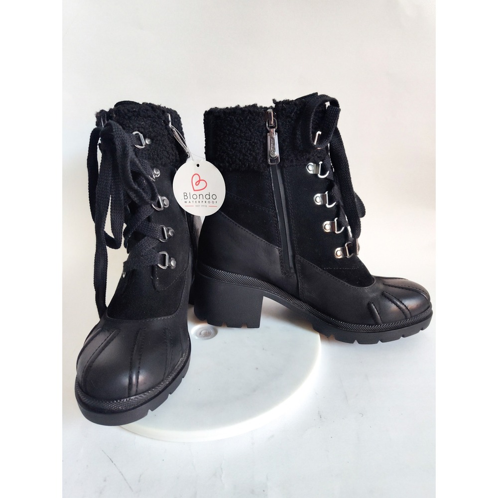 Blondo Winter Boots 6.5 Waterproof Combat Lace-Up Leather Shearling Trim